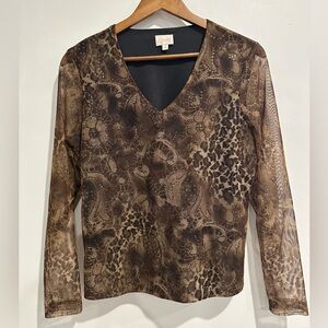 CLEO Y2K Anima Print Floral‎ Brown Mesh Long Sleeve Vneck Size M